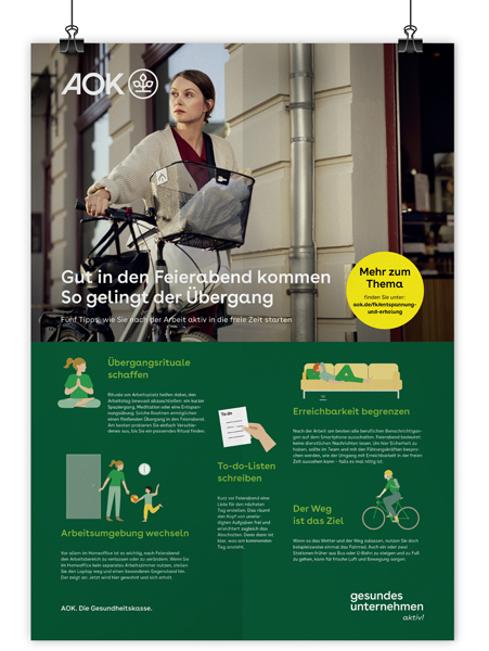 BGF-Poster 02/2025 Gesunde Feierabendkultur fördern: Eine Frau schiebt ihr Fahrrad BGF-Poster 02/2025 Gesunde Feierabendkultur fördern: Eine Frau schiebt ihr Fahrrad